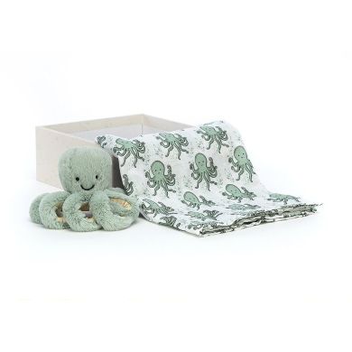 Подарунковий набір Восьминіг (пелюшка, м'яка іграшка в коробці) Jellycat (Джеллі кет) 20x20 ODY2SET, Бірюзовий
