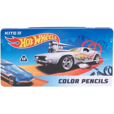Олівці кол. тригран, 12 шт., мет.пенал Hot Wheels Kite HW21-058