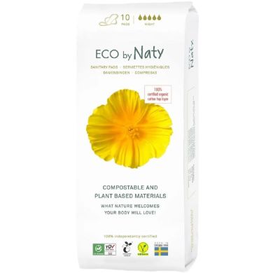 Одноразові гігієнічні жіночі прокладки Eco By Naty Night, 10 шт в упаковці 176965 7330933176965, 10
