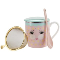 Кухоль для чаю із ситечком, ложкою та кришкою рожево-ментоловий у подарунковій коробці MISS ETOIL 4974959