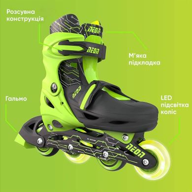 Роликові ковзани Neon Inline, розмір 30-33, зелений LED підсвічування 2 коліс з кожного боку NT07G4