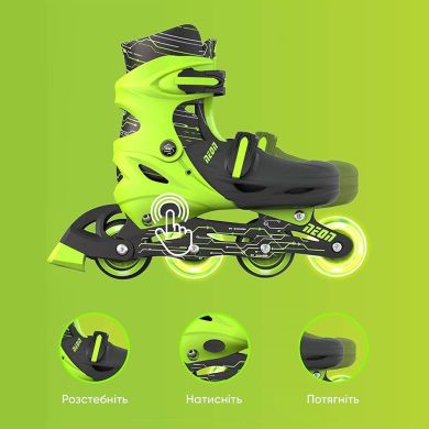 Роликові ковзани Neon Inline, розмір 30-33, зелений LED підсвічування 2 коліс з кожного боку NT07G4