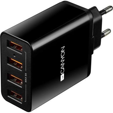 Зарядний пристрій Canyon Universal 4xUSB із захистом від перенапруг,black(In. 100V-240V,Out. 5V-5A) CNE-CHA06B