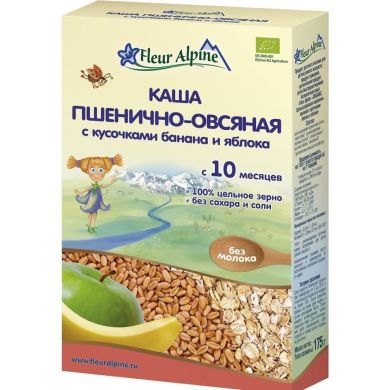 Безмолочна каша Fleur Alpine Organic пшенично-вівсяна зі шматочками банана та яблука 175 г 4006303002778