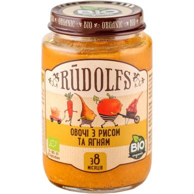 Овоще-мясное пюре Rudolfs Овощи и рис с ягненком с 8 месяцев 190 г 4751017940242