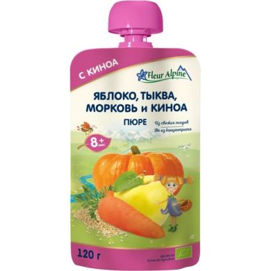 Органическое фруктово-овощное пюре Fleur Alpine Яблоко, тыква, морковь и кино для детей с 8 месяцев 5024688001215