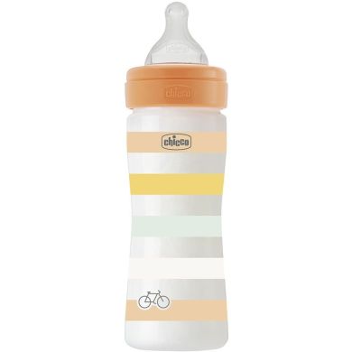 Бутылка пластиковая Well-Being 250 мл силиконовая соска от 2 месяцев средний поток (нейтральная) Chicco 28623.31, Оранжевый