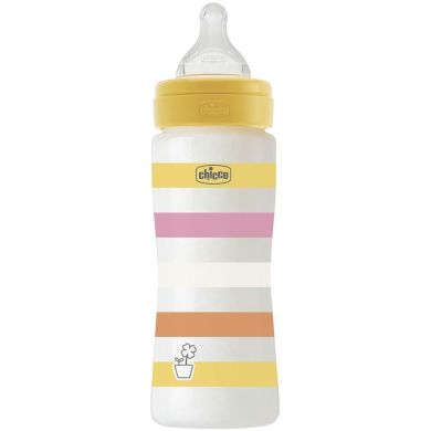Пляшка пластикова Well-Being 330 мл соска силіконова від 4 місяців швидкий потік (дівчинка) Chicco 28637.11