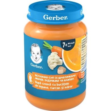 Пюре овощное-мясное Gerber Стерилизованное Весенний суп с кусочками овощей, индейкой и укропом для детей с 7 месяцев 190 г 8445292315401