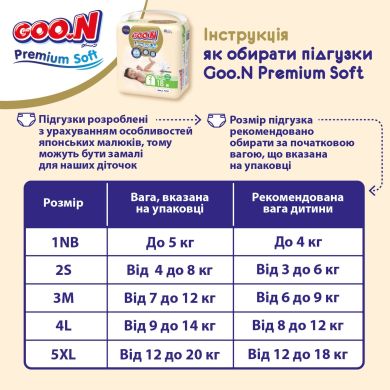 Підгузки японські Goo.N Premium Soft для дітей 4-8 кг (Розмір 2(S) на липучках унісекс 70 Шт) 863223 4902011862232