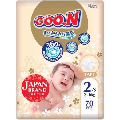 Подгузники GOO.N Premium Soft для детей 3-6 кг (размер 2(S), на липучках, унисекс, 70 шт) F1010101-153, S