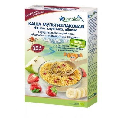 Безмолочна Мультизлакова органічна каша Fleur Alpine з бананом, зі шматочками полуниці та яблука 200 г 9010004508168
