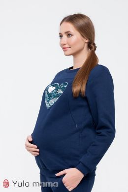 Спортивный костюм для беременных и кормящих Yula mama из трикотажа с начесом с аппликацией на груди синий XS Darina