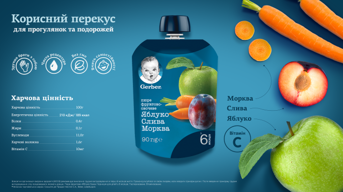 Пюре Gerber Яблоко, слива и морковь 90 г 12357934 7613036345903