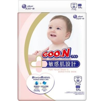 Подгузники японские Goo.N Plus для детей 6-11 кг (размер M, на липучках, унисекс, 64 шт) 843335 4902011843354