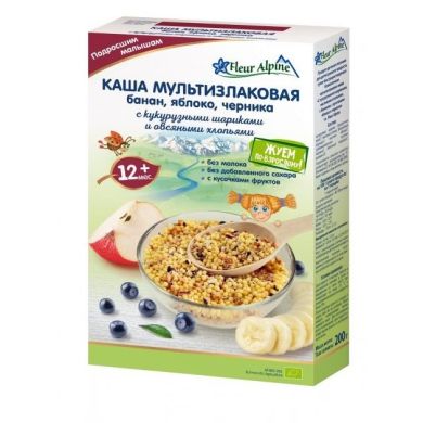 Безмолочна Мультизлакова органічна каша Fleur Alpine з бананом, зі шматочками яблука і чорниці 200 г 9010004508182