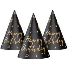 Ковпак святковий Happy Birthday кульки і зірочки на чорному 15 см 20 шт уп 7003-0073