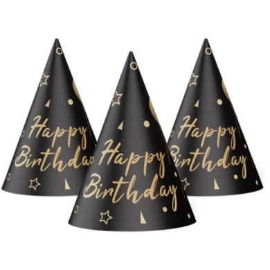 Ковпак святковий Happy Birthday кульки і зірочки на чорному 15 см 20 шт уп 7003-0073