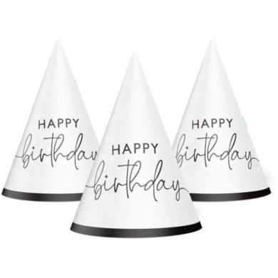 Ковпак святковий Happy Birthday на білому 15 см 20 шт уп 7003-0074